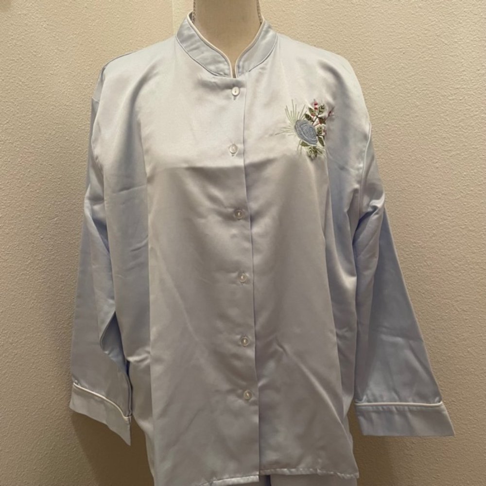 BabyBlue Brushed Satin/Cotton Pajama Set w/Floral Embroidery Accent - Picture 2 of 9
